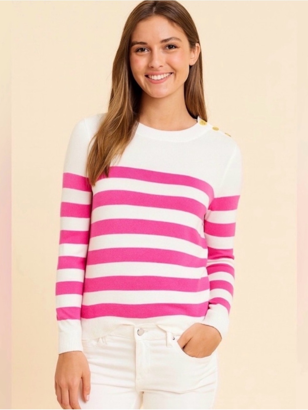 Lilly Pulitzer White and Hot Pink Striped Crewneck Sweater